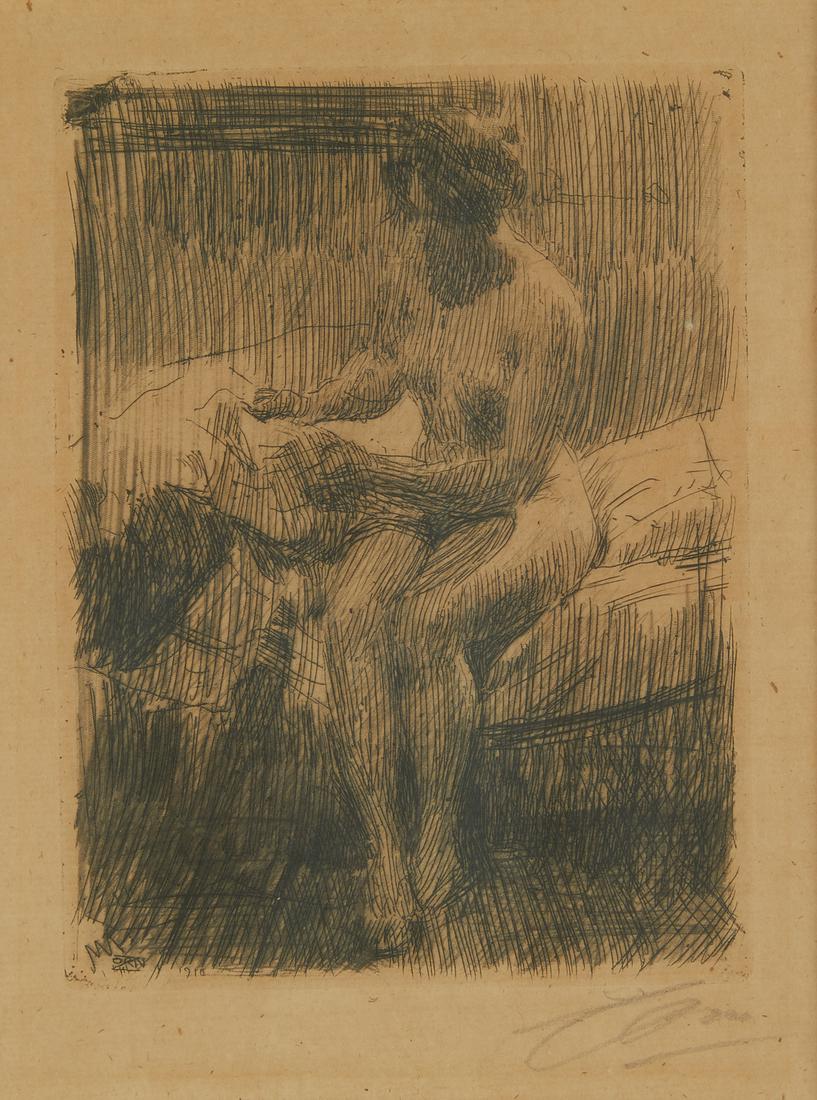 Anders Zorn "Model Reading" Etching 1910: Anders Zorn (Swedish, 1860-1920). Etching on paper titled "Model Reading" depicting a nude woman sitting on a bed and reading, 1910. 2nd state printing. Pencil signed along the lower right.