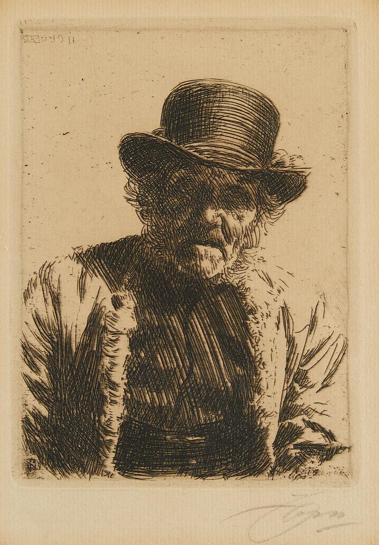 Anders Zorn "Kyrkstot/Beadle" Etching 1911: Anders Zorn (Swedish, 1860-1920). Etching on paper titled "Kyrkstot," alternatively titled "Beadle," depicting a portrait of an elderly man in a hat, 1911. Either a 2nd or 3rd stat