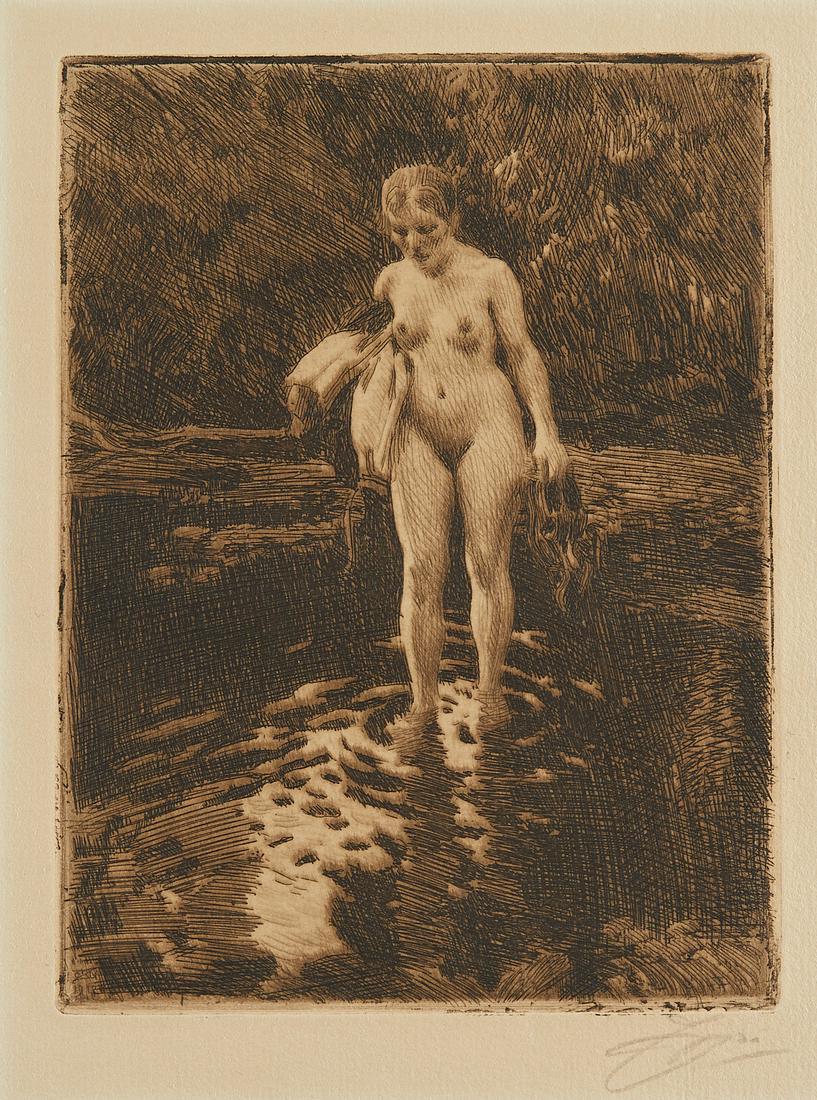 Anders Zorn "The Ford/Vadstallet" Etching 1912: Anders Zorn (Swedish, 1860-1920). Etching on paper titled "The Ford," alternatively titled "Vadstallet," depicting a nude woman holding her clothes and wading into water, 1912. Eit