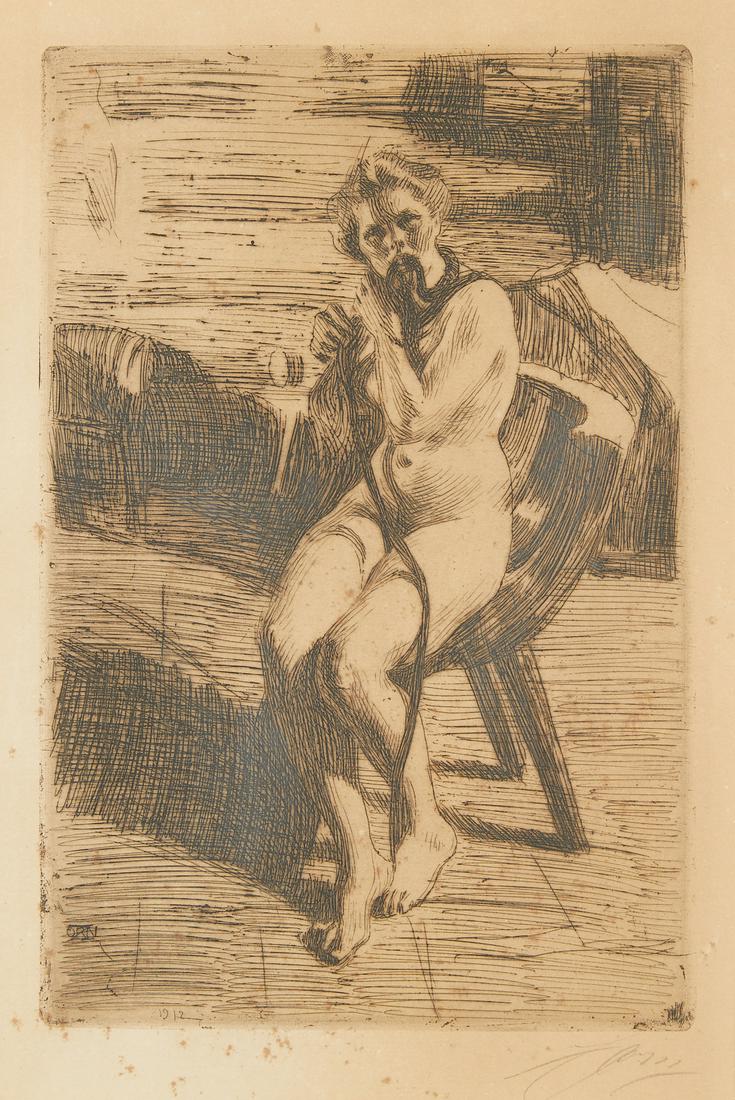 Anders Zorn "The Hair-Ribbon" Etching 1912: Anders Zorn (Swedish, 1860-1920). Etching on paper titled "The Hair-Ribbon" depicting a nude woman in an indoor setting sitting on a chair and working a ribbon into her hair, 1912. 3rd state