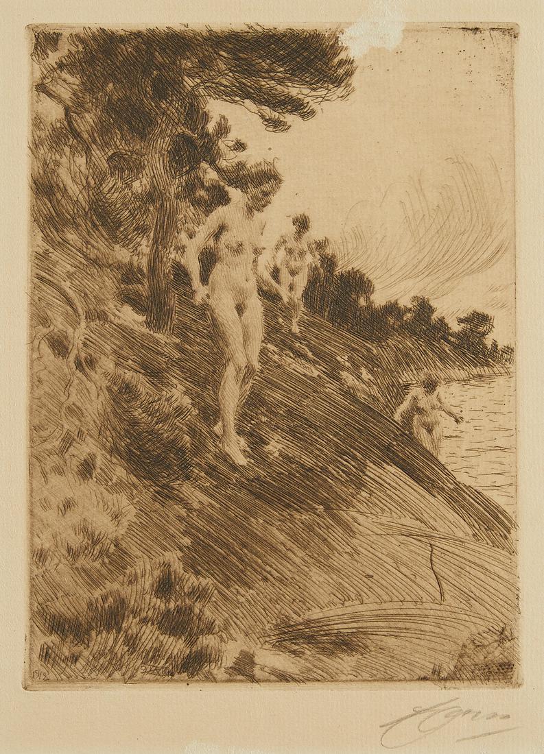 Anders Zorn "Frightened" Etching 1912: Anders Zorn (Swedish, 1860-1920). Etching on paper titled "Frightened" depicting three nude women walking down a hillside near a body of water, 1912. 2nd state printing. Pencil signed along