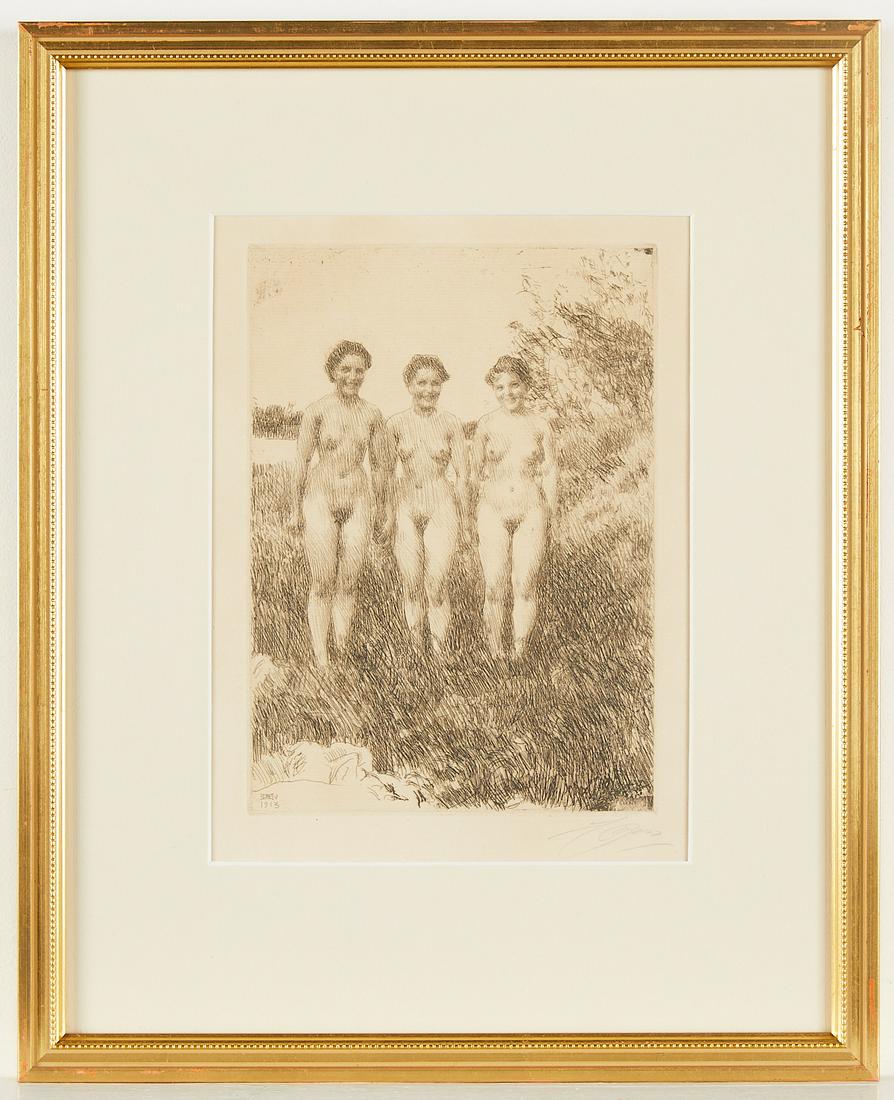 Anders Zorn "Three Sisters" Etching 1913: Anders Zorn (Swedish, 1860-1920). Etching on paper titled "Three Sisters," alternatively titled "Tre Systrar," depicting three frontal nude women smiling and standing side by side