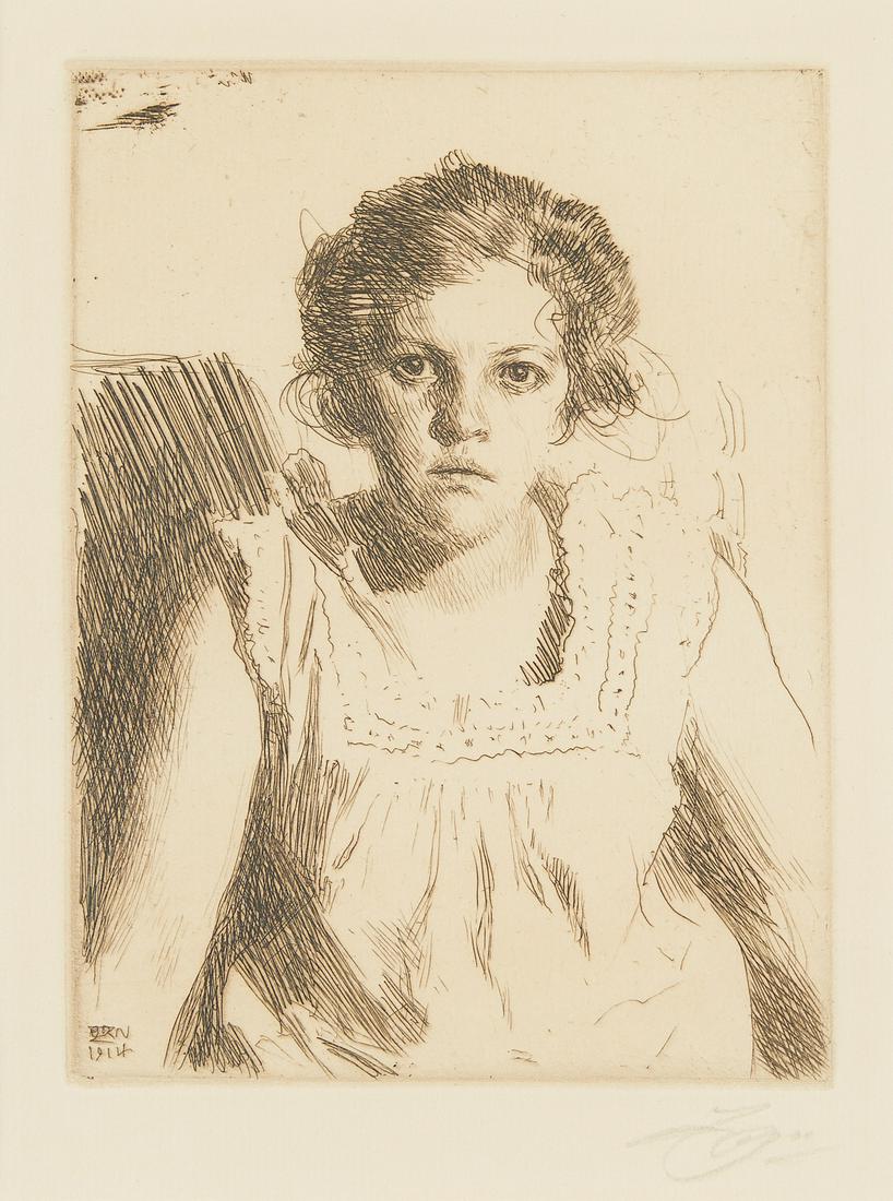Anders Zorn "Frida" Etching 1914: Anders Zorn (Swedish, 1860-1920). Etching on paper titled "Frida" depicting the top half of a young girl in a dress, 1914. Pencil signed along the lower right. Signed and dated in plate alon