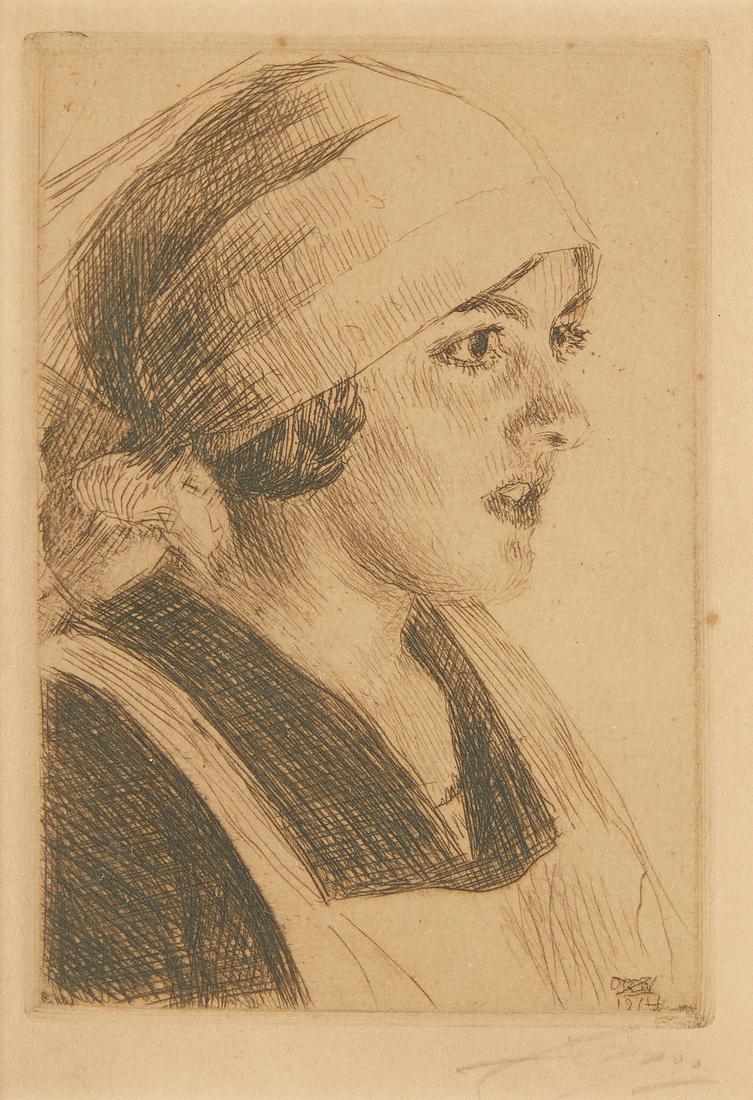 Anders Zorn "Gulli I" Etching 1914: Anders Zorn (Swedish, 1860-1920). Etching on paper titled "Gulli I" depicting a profile view of a young girl wearing an apron and a headkerchief, 1914. 2nd state printing. Pencil signed alon