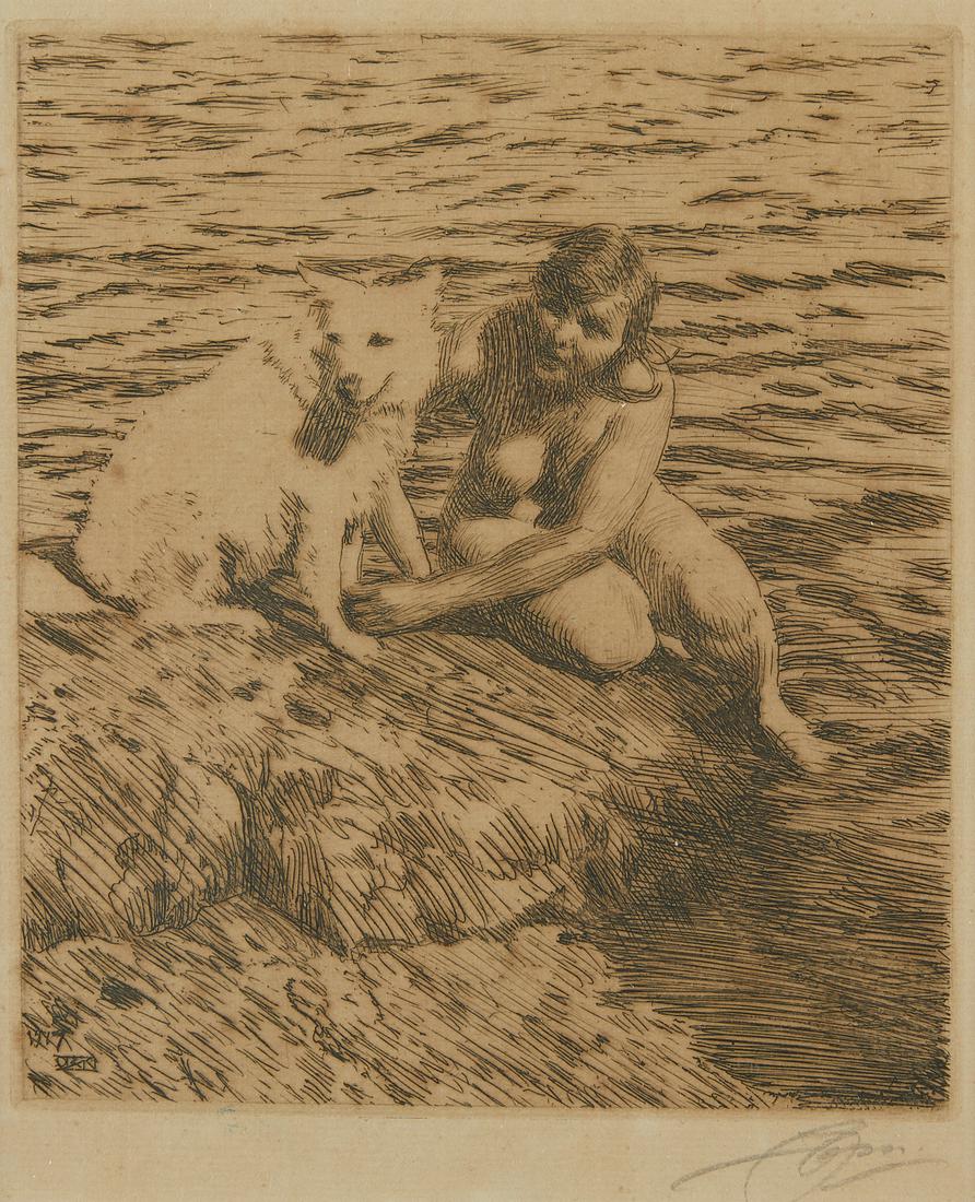 Anders Zorn "Sappo" Etching 1917: Anders Zorn (Swedish, 1860-1920). Etching on paper titled "Sappo" depicting a nude woman sitting on top of a rock next to a dog by water, 1917. Either a 2nd or 3rd state printing. Pencil sig
