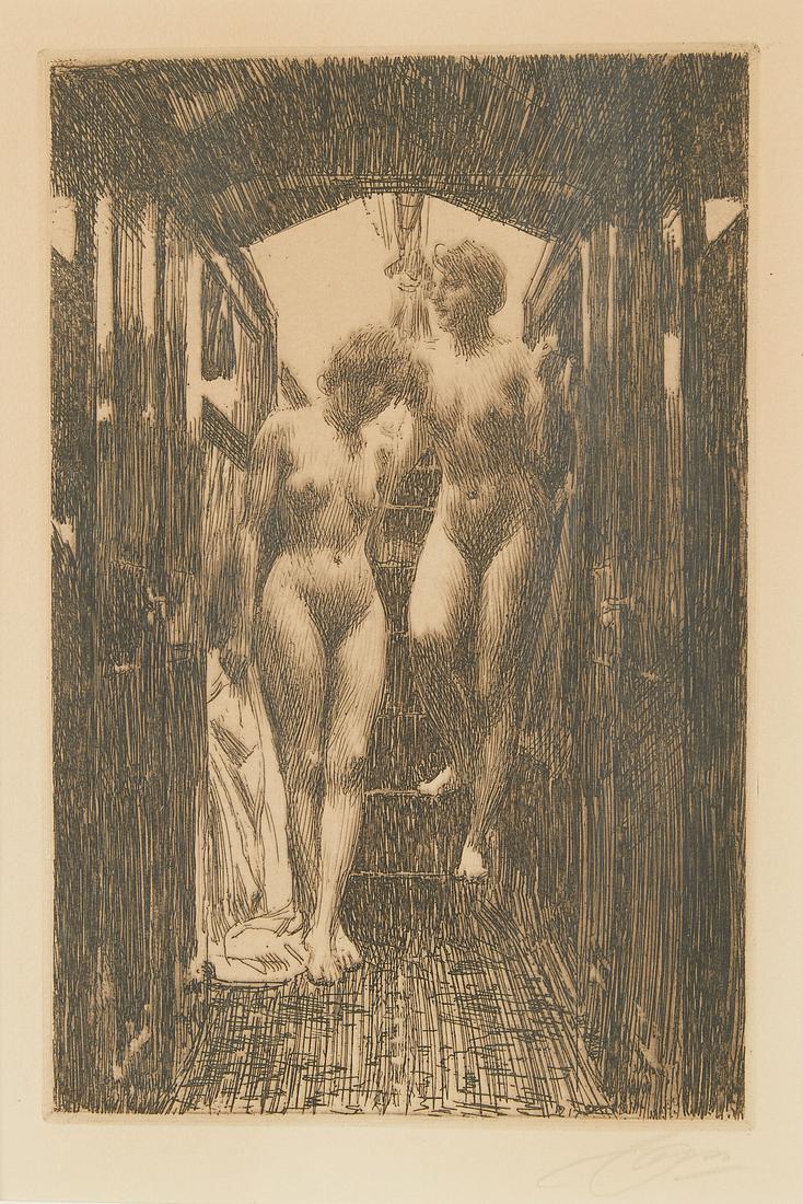 Anders Zorn "Cabin" Etching 1917: Anders Zorn (Swedish, 1860-1920). Etching on paper titled "Cabin" depicting two nude women in an indoor setting descending down a set of stairs through a doorway, 1917. Either a 2nd or 3rd s