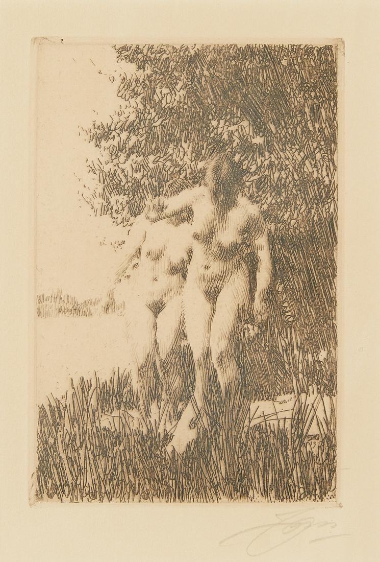 Anders Zorn "Alder" Etching 1917: Anders Zorn (Swedish, 1860-1920). Etching on paper titled "Alder" depicting two nude women walking through grass, 1917. Either a 1st or 2nd state printing. Pencil signed along the lower righ