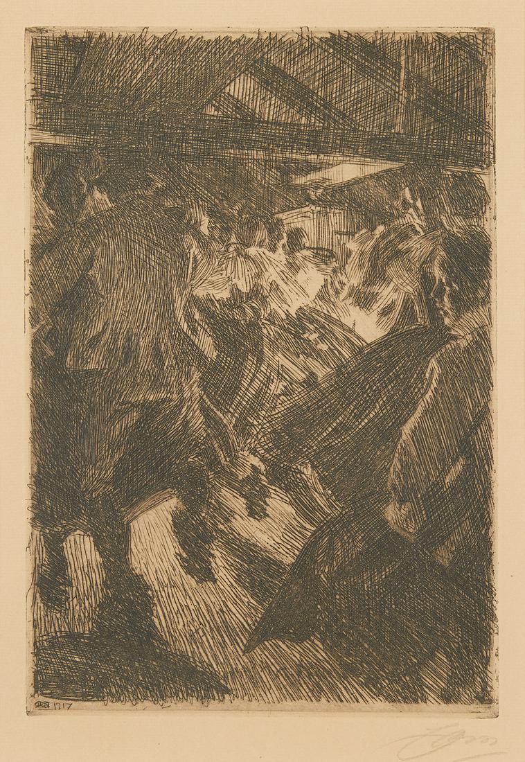 Anders Zorn "Gopsmor Cottage" Etching 1917: Anders Zorn (Swedish, 1860-1920). Etching on paper titled "Gopsmor Cottage" depicting multiple figures dancing in pairs in an indoor setting, 1917. Either a 2nd or 3rd state printing. Pencil