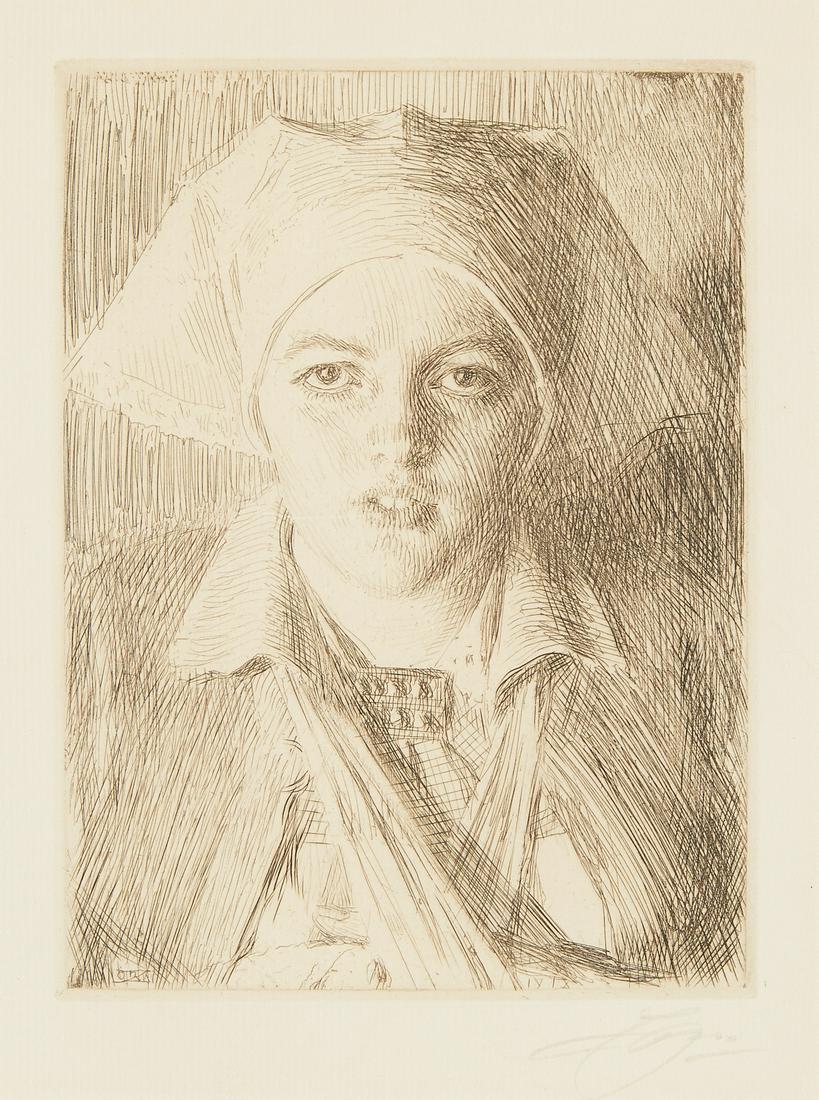 Anders Zorn "Gulli II" Etching 1918: Anders Zorn (Swedish, 1860-1920). Etching on paper titled "Gulli II" depicting an up-close frontal view of a woman wearing a dress and a headkerchief, 1918. 3rd state printing. Pencil signed