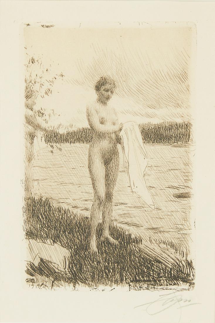 Anders Zorn "Dal River/Dalalven" Etching 1919: Anders Zorn (Swedish, 1860-1920). Etching on paper titled "Dal River," alternatively titled "Dalalven," depicting a nude woman standing near a river and holding a garment, 1919. Pe