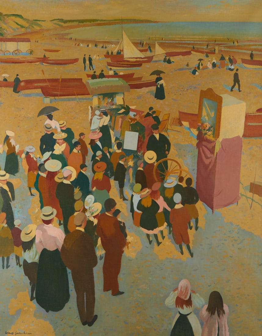 Robert Duckworth Greenham Seaside Painting: Robert Duckworth Greenham (British, 1906-1976). Oil on canvas painting depicting a crowd gathered around a seaside Punch and Judy display. Signed along the lower left.Born in Streatham, the artist stu