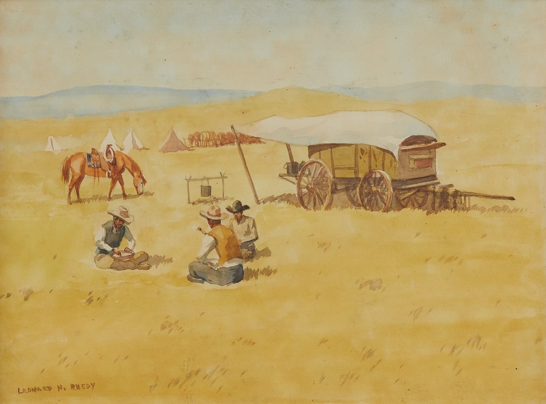 Leonard Reedy "The Peaceful Meeting" Watercolor: Leonard Howard Reedy (American, 1899-1956). Watercolor on paper titled "The Peaceful Meeting" depicting a peaceful scene where three people gather in nature. Signed along the lower left. Wit