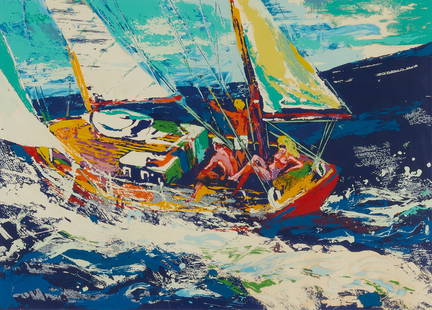 LeRoy Neiman Lithograph "North Seas Sailing" 1981: LeRoy Neiman (American, 1921-2012). Lithograph on paper print titled "North Seas Sailing" depicting an energetic ocean scene with figures sailing on a yellow boat, 1981. Pencil signed along