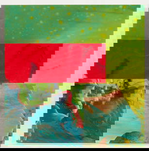 Sam Gilliam "Marked Squared" Acrylic On Birch 2000: Sam Gilliam (American, 1933-2022). Small acrylic on birch plywood titled "Mark Squared" depicting a colorful abstract composition, 2000. With a three-dimensional element in the form of an ir