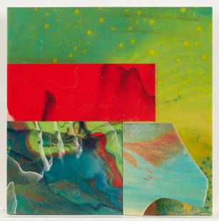 Sam Gilliam "Marked Squared" Acrylic On Birch 2000: Sam Gilliam (American, 1933-2022). Small acrylic on birch plywood titled "Mark Squared" depicting a colorful abstract composition, 2000. With a three-dimensional element in the form of an ir