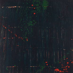 Pat Steir "Composition in Dark" Lithograph: Pat Steir (American, b. 1940). Lithograph titled "Composition in Dark" depicting a dark abstract scene in black with splashes of dark green and vibrant red. Pencil signed along the lower right; number