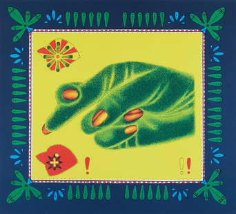 Ed Paschke "Citroid" Lithograph 2000: Ed Paschke (American, 1939â€“2004). Lithograph in colors depicting a green hand over a yellow background. Hand signed along the lower right and dated 2000. Hand numbered along the lower left 20/3