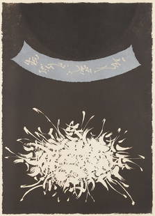 Tetsuo Ochikubo Lithograph 1961: Tetsuo Ochikubo (Japanese/American, 1923-1975). Lithograph on paper depicting an abstract scene of white shapes on a dark background, 1961. Pencil signed, numbered 4/20, and dated along the lower righ