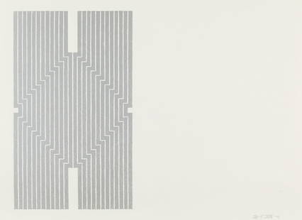 Frank Stella "Six Mile Bottom" Lithograph on Paper: Frank Stella (American, b. 1936). Lithograph on paper titled "Six Mile Bottom" depicting an abstract vertical, rectangular form along the left of the composition, 1970. The form is comprised