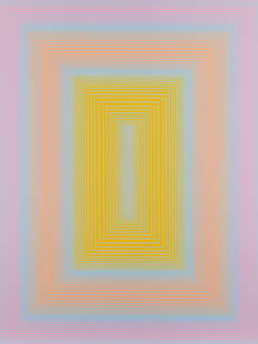 Richard Anuszkiewicz Geometric Lithograph: Richard Anuszkiewicz (American, 1930-2020). Geometric abstract lithograph in pink, blue, orange, and yellow. Pencil signed along the lower right; numbered illegibly out of 144 along the lower left.Sig