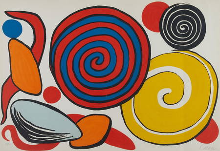 Alexander Calder Circle & Swirls Lithograph 1970: Alexander Calder (American, 1898-1976). Color lithograph depicting circles and spirals in bright and vibrant colors, 1970. Red and blue, yellow, and black spirals dominate the right half of the print