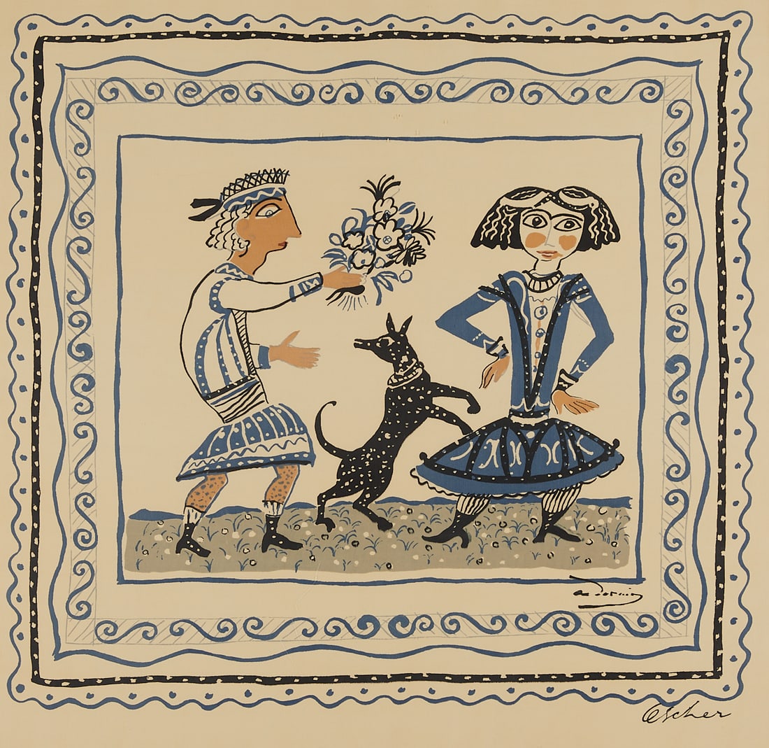 Andre Derain for Ascher Printed Silk Square 1947: Andre Derain (French, 1880-1954) for Ascher, United Kingdom. Screenprinted silk scarf titled "The Lovers - Boy and Girl," produced in 1947. Designed by Derain, it depicts two naive figures,