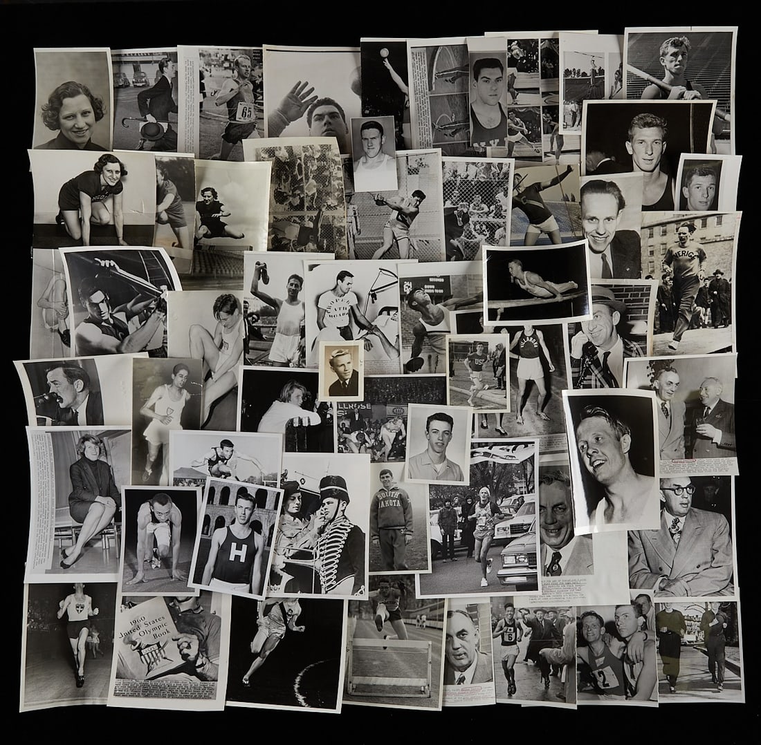 57 Track Photographs from Star Tribune Archives: Group of 57 silver gelatin print and original vintage photographic reproductions from the archive of the Star Tribune depicting track and field stars including: the 1960 Olympic team, Evelyn Hall, Elz