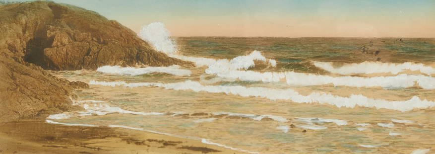 Wallace Nutting "Sea Ledges" Hand-colored Photo: Wallace Nutting (American, 1861-1941). Original hand-colored photograph titled "Sea Ledges" depicting waves breaking on a rocky shore, ca. 1915-25. Affixed to a paper backing. Signed along t