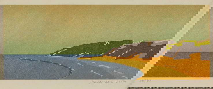 Suzanne Caporael "Job Island" Relief 2009: Suzanne Caporael (America, b. 1949). Relief on Echizen Kozo print titled "Job Island" depicting a sloping shore and rocky outcroppings, 2009. Pencil signed and dated along the lower right; numbered 28