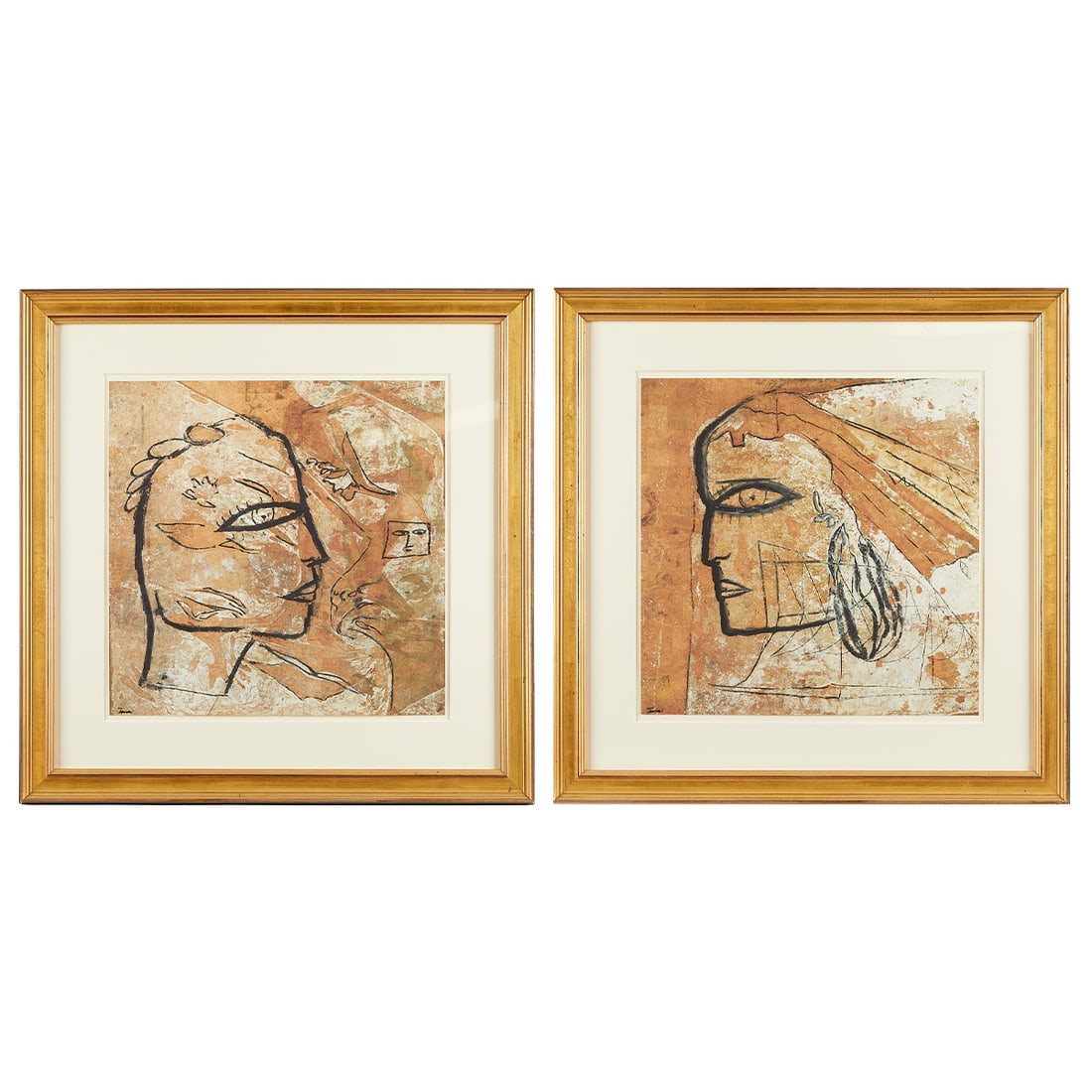 Pair of Jamali Lithographs of Faces: Jamali (Pakistani/American, b. 1944). Pair of color lithographs depicting surrealist faces against tan backgrounds. Each signed along the lower right. From a limited edition; numbered 15/195 along an