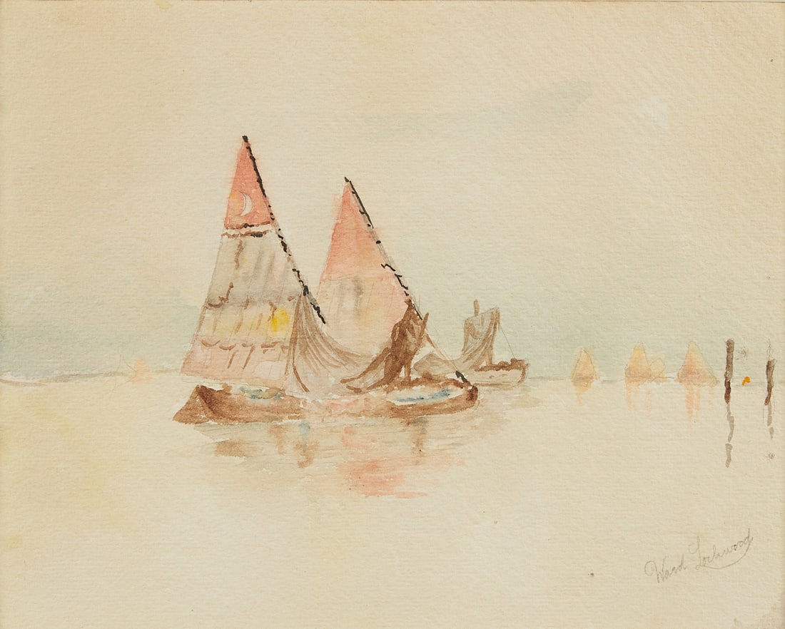 Ward Lockwood Sailboat Watercolor Painting: John Ward Lockwood (American, 1894-1963). Watercolor on paper painting depicting a group of sailboats, ca. 1912. Pencil signed along the lower right.Provenance: Estate of the artist; Private Minnesota