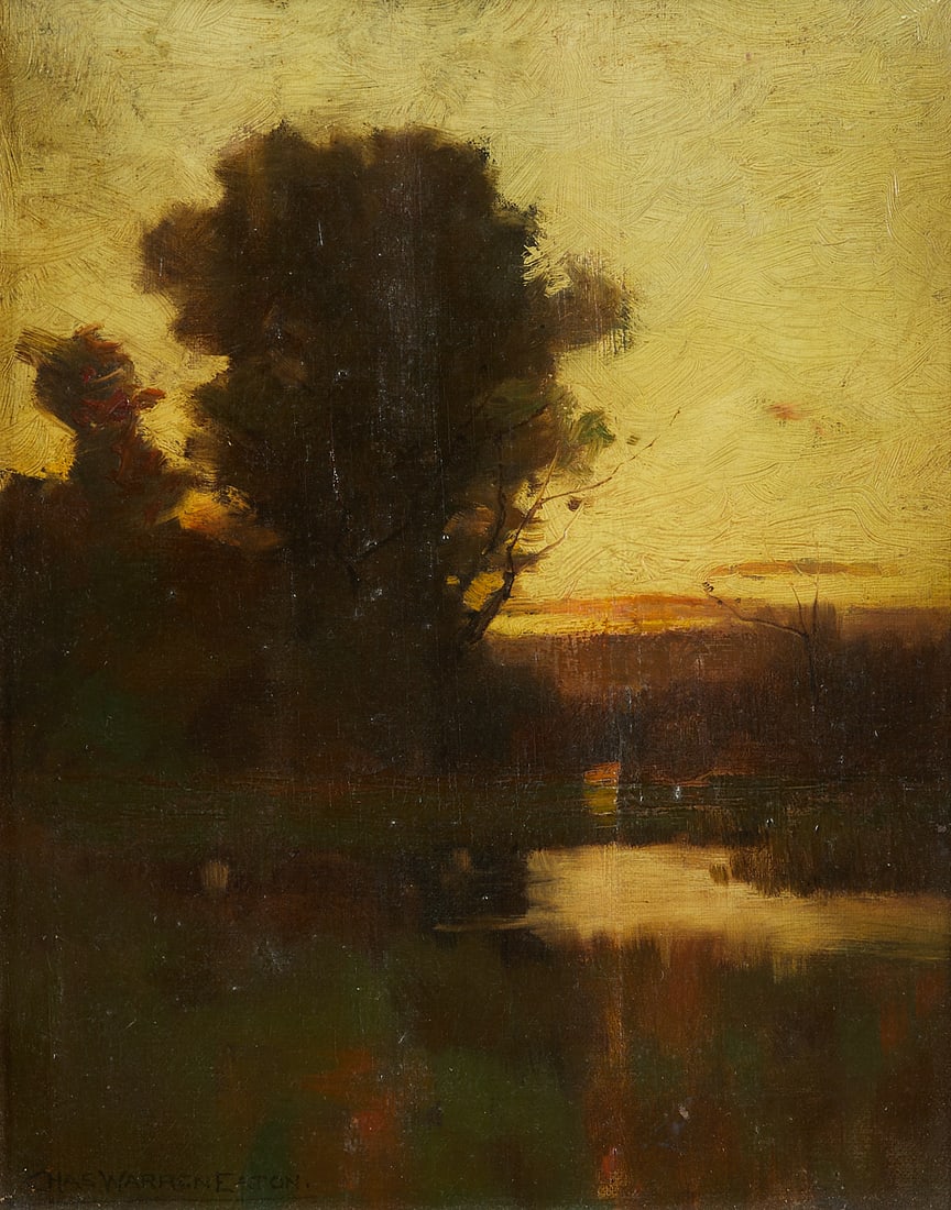 Charles Warren Eaton Oil Landscape Painting: Charles Warren Eaton (American, 1857-1937). Oil on canvas landscape painting depicting a low-hanging sun on the horizon of a darkened landscape. Signed along the lower left. Unframed; height: 12 in x 