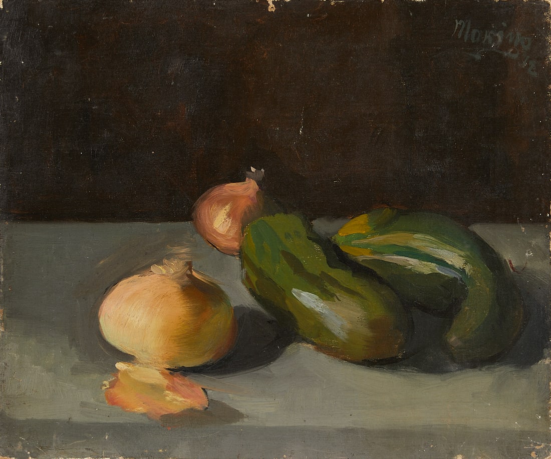 Edmund Pick-Morino Still Life Painting 1912: Odon Morinyi "Edmund Pick-Morino" (Hungarian, 1877-1958). Oil on canvas still life painting depicting vegetables on a table, 1912. Signed and dated along the upper right corner.Height: 14 1/2 in x wid