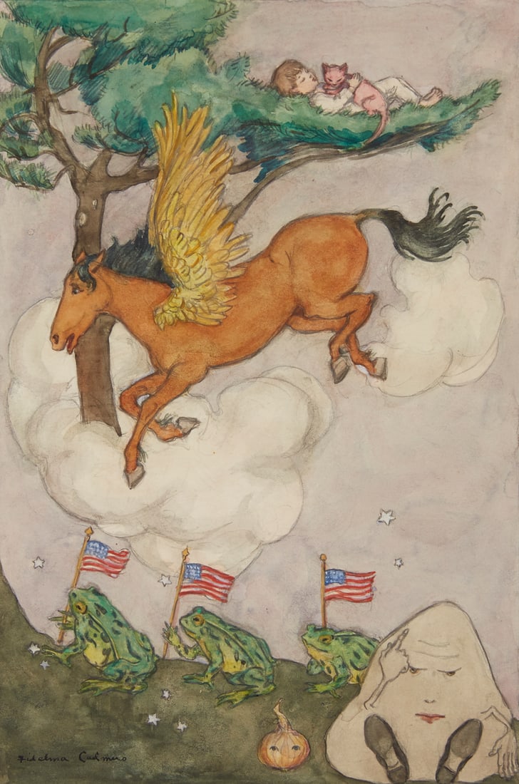 Fidelma Cadmus Kirstein Nursery Rhyme Painting: Fidelma Cadmus Kirstein (American, 1906-1991). Watercolor and pencil on paper drawing titled "And Sleep in the Tree Top instead of my Bed" depicting a fantastical nursery rhyme inspired scen