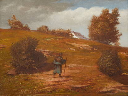 William M. Hunt "Return of the Soldier" Painting: William Morris Hunt (American, 1824-1879). Oil on board painting titled "Return of the Soldier" depicting a solitary figure walking through a landscape towards a house partially obscured by