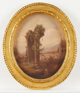 George Winter "The Broken Arch" Landscape Painting: George Winter (American, 1810-1876). Oval oil on canvas landscape painting titled "The Broken Arch" depicting ruins overgrown with foliage. Titled and signed along the verso. Label attached