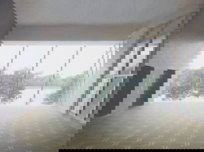 Paul Winstanley "Flux" Oil on Canvas 2005: Paul Winstanley (British, b. 1954). Oil on canvas painting titled "Flux" depicting an interior room or lobby leading to floor-length windows with trees outside, 2005. Signed, titled, and dat