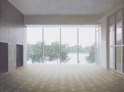 Paul Winstanley "Flux" Oil on Canvas 2005: Paul Winstanley (British, b. 1954). Oil on canvas painting titled "Flux" depicting an interior room or lobby leading to floor-length windows with trees outside, 2005. Signed, titled, and dat