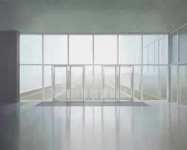 Paul Winstanley "Utopia 1" Oil Painting: Paul Winstanley (British, b. 1954). Oil on canvas painting titled &quot;Utopia 1&quot; depicting a realistic interior room with floor-length glass doors. A city can be seen through a haze outside the