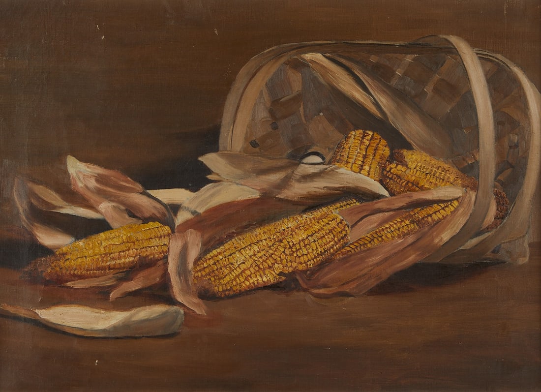 After Alfred Montgomery Corn Painting: After Alfred Montgomery (American, 1857-1922). Oil on canvas painting depicting a basket with ears of corn spilling out.This work is very similar to work by Alfred Montgomery. A "farmer-painter&q