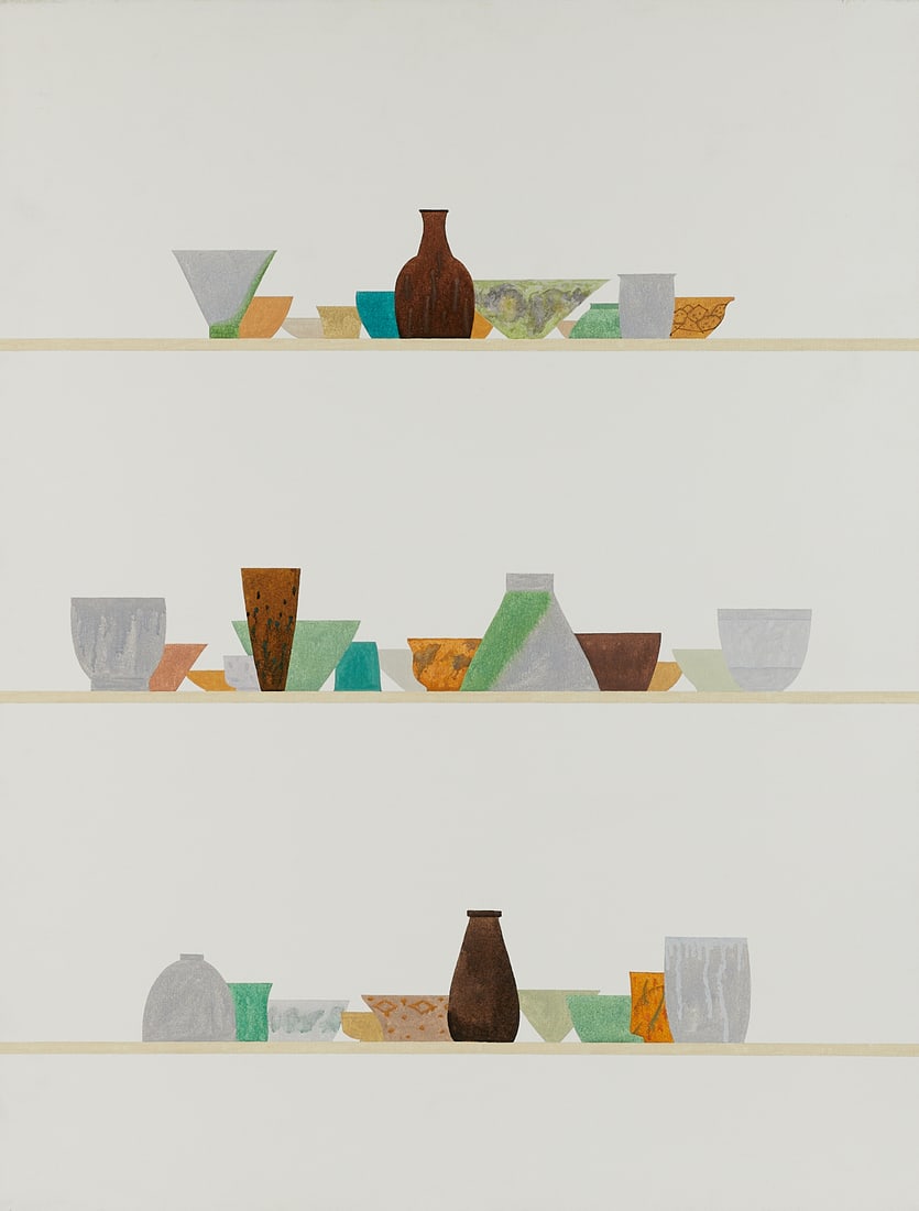 Ed Baynard "23rd & Park, No. 3" Painting 1998: Ed Baynard (American, 1940-2016). Acrylic ink on gessoed canvas painting titled "23rd & Park, No. 3" depicting porcelain on three selves, 1998. Formerly titled "The Border." Signed