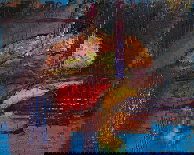 Aaron Fink "Cheeseburger" Oil On Panel 2011: Aaron Fink (American, b. 1955). Oil on panel painting titled "Cheeseburger" depicting the titular food against a dark background, 2011. Signed and dated along the verso. With a label from Al
