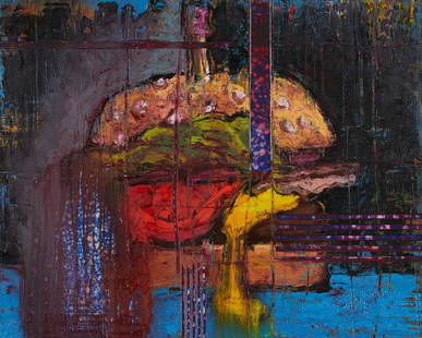 Aaron Fink "Cheeseburger" Oil On Panel 2011: Aaron Fink (American, b. 1955). Oil on panel painting titled &quot;Cheeseburger&quot; depicting the titular food against a dark background, 2011. Signed and dated along the verso. With a label from Al