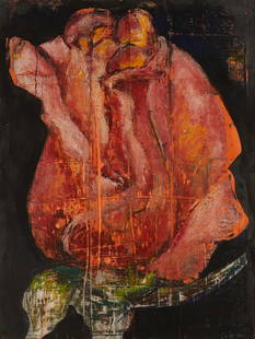 Aaron Fink "Orange Rose" Mixed Media 2000: Aaron Fink (American, b. 1955). Ink, watercolor, and oil on paper painting titled "Orange Rose" depicting a flower, 2000. Signed and dated along the lower right.Unframed; height: 50 in x wid