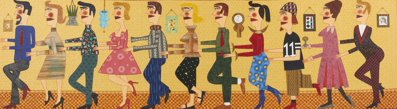 Chris Roberts-Antieau "Conga Line" Fiber Art: Chris Roberts-Antieau (American, b. 1950). Embroidered textile art composition titled "Conga Line" depicting a line of figures performing a line dance, 2003. In a hand-painted frame. Titled