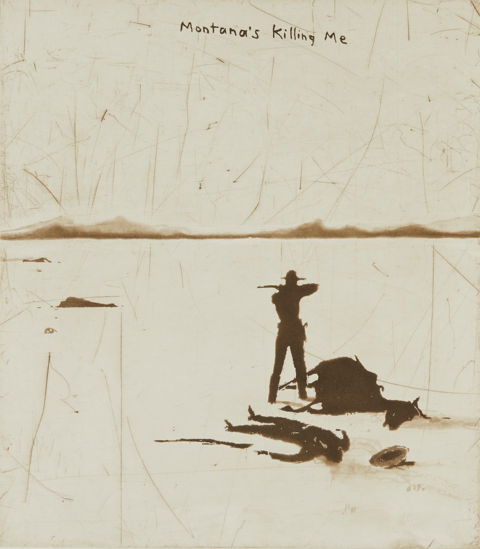 David Rathman "Montana's Killing Me" Etching 2002: David Rathman (American, b. 1958). Etching and aquatint on paper titled "Montana's Killing Me." Pencil signed and dated 2002 along the bottom edge. Editioned 3/18 along the bottom right edge
