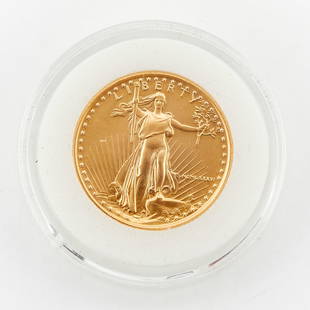 1986 $10 1/4 oz Gold American Eagle Coin: 1986 1/4 oz. gold ten dollar American Eagle mini coin. The design originally created by Augustus Saint-Gaudens in 1907.Diameter: 22 mm. Weight (approx.): 8.48 grams.