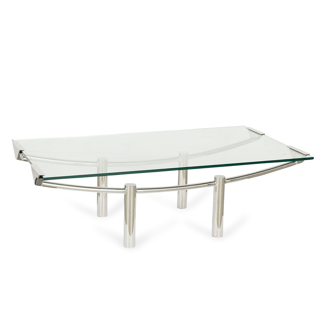Brueton "Structures" Low Coffee Table w/ Glass Top: Brueton, United States. Rectangular low coffee table from the "Structures" line. Featuring a stainless steel frame with arc-shaped arms gripping a glass top.Height: 15 in x width: 48 1/2 in