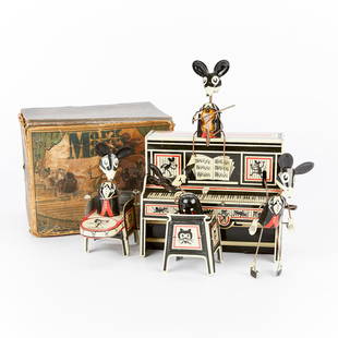 Vintage "Marx Merry Makers" Wind-up Toy: Vintage “Marx Merry Makers” tin lithographed mouse band wind-up toy, manufactured by Louis Marx & Company in 1931. While stylistically based on Walt Disney's famous Mickey Mouse, the toy is al