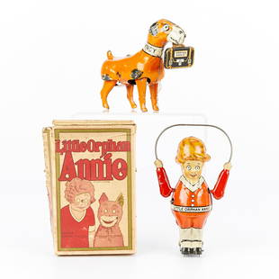 2 Marx "Little Orphan Annie" & "Sandy" Toys: Vintage lithographed tin wind-up “Little Orphan Annie&rdquo; and “Sandy&rdquo; toy, manufactured by Louis Marx & Company, ca. 1930s. The toy is based on the comic strip which debuted in 1924. Anni